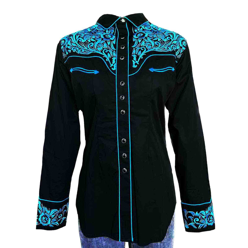 Women's Vintage Black & Turquoise Tooling Embroidered Western Shirt