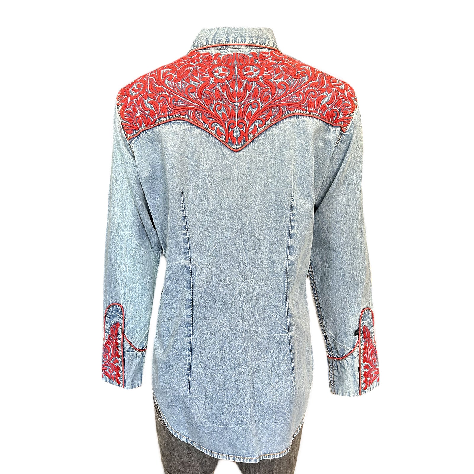 Women's Vintage Tooling Embroidery Denim & Red Western Shirt