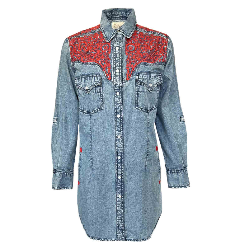 Oversized Western Shirt Dress Stetson Women's Lavish Embroidered Denim Western Shirt Dress in Dark W Branded Country Wear Oversized Western Shirt Dress Stetson Women's Lavish Embroidered Denim Western Shirt Dress in Dark W Branded Country Wear
