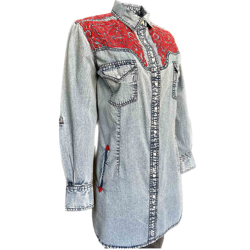 Women's Denim & Red Tooling Embroidery Western Dress