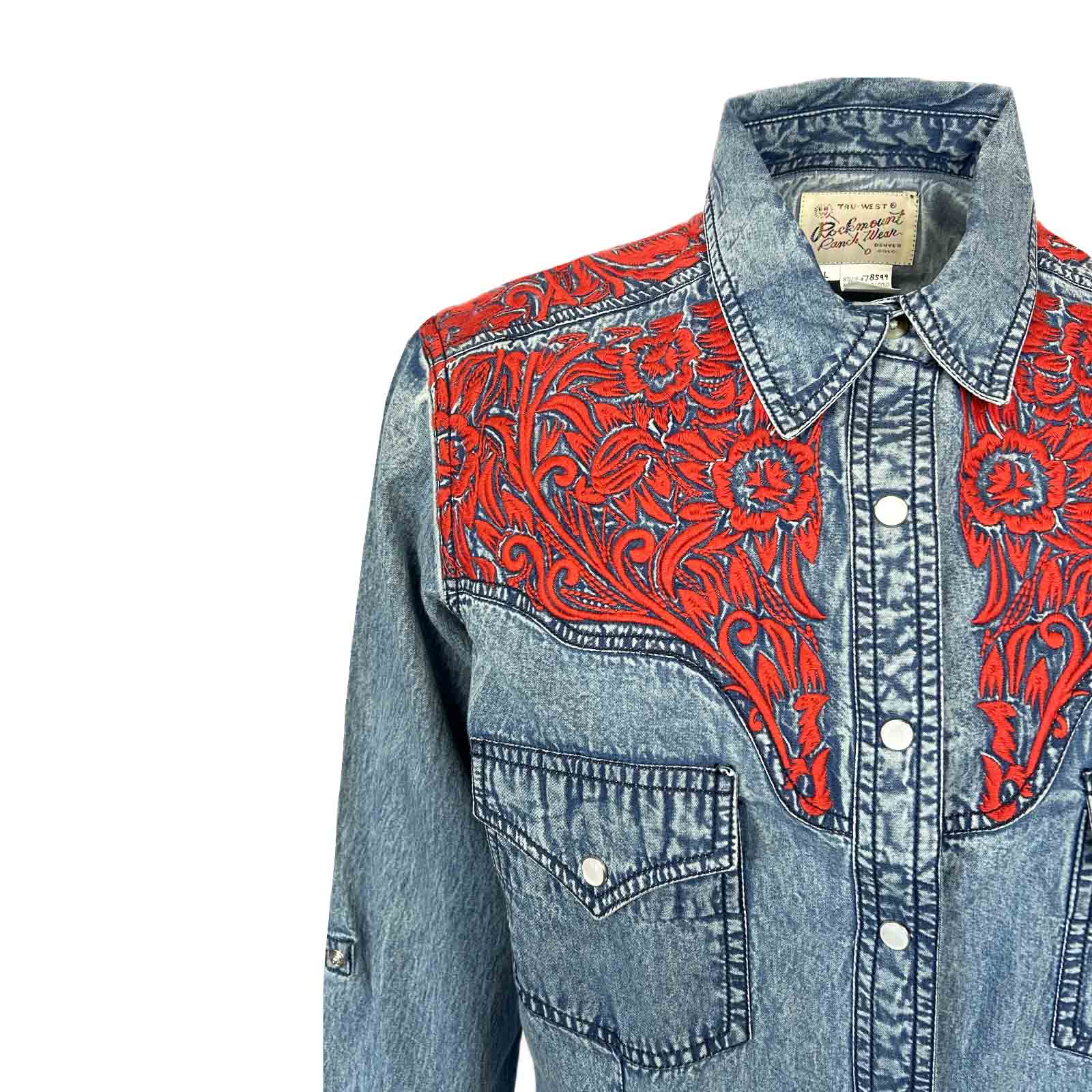 Women's Denim & Red Tooling Embroidered Western Dress Women's Denim & Red Tooling Embroidered Western Dress