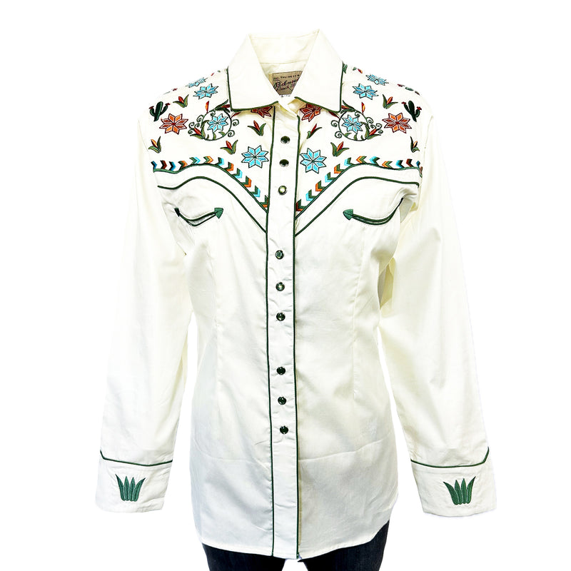 Women's Ivory Agave Cactus Floral Embroidered Western Shirt