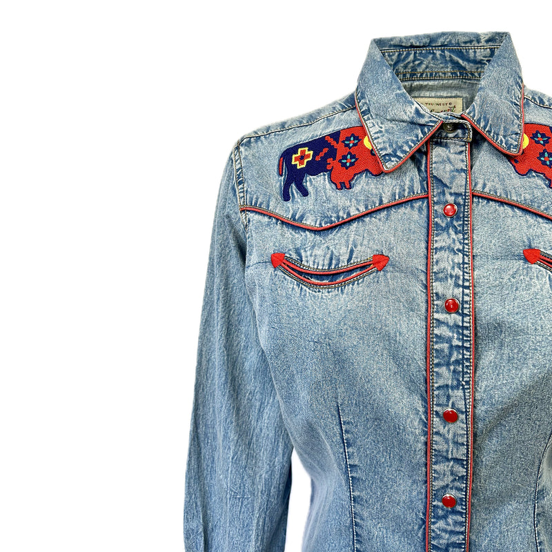 Women’s Denim American Bison Embroidered Western Shirt