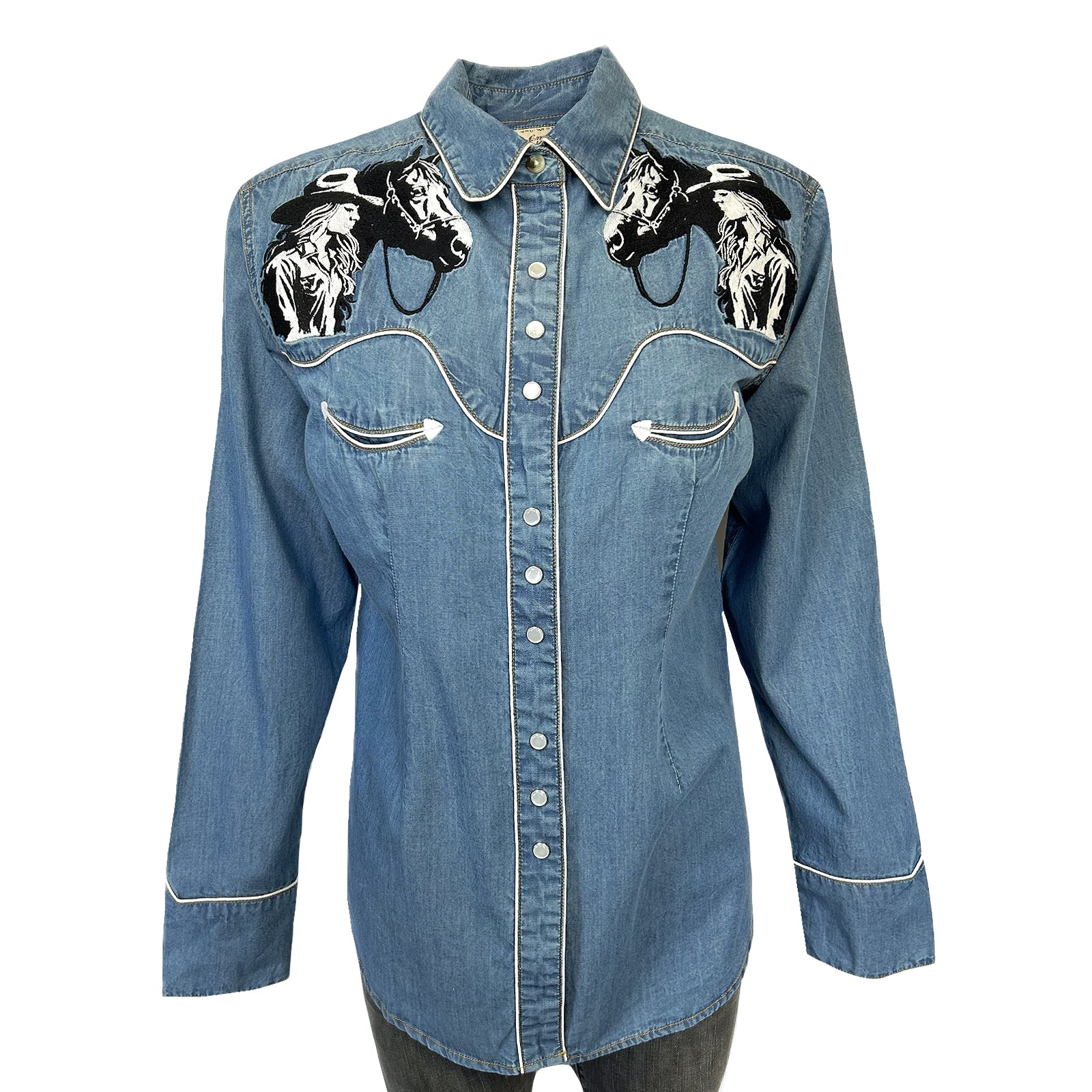 Women's Vintage Denim Cowgirl & Horse Embroidered Western Shirt