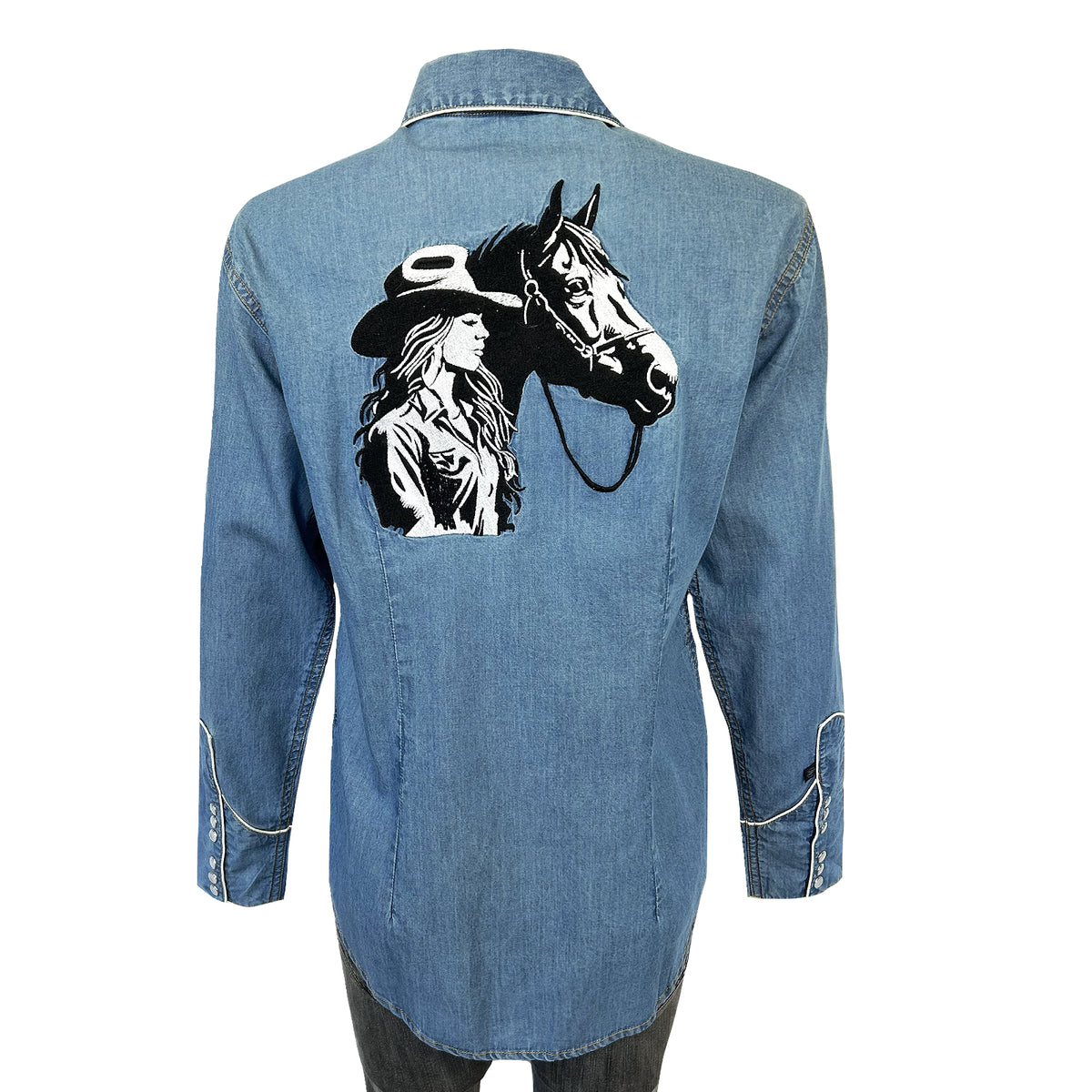 Women's Vintage Denim Cowgirl & Horse Embroidered Western Shirt