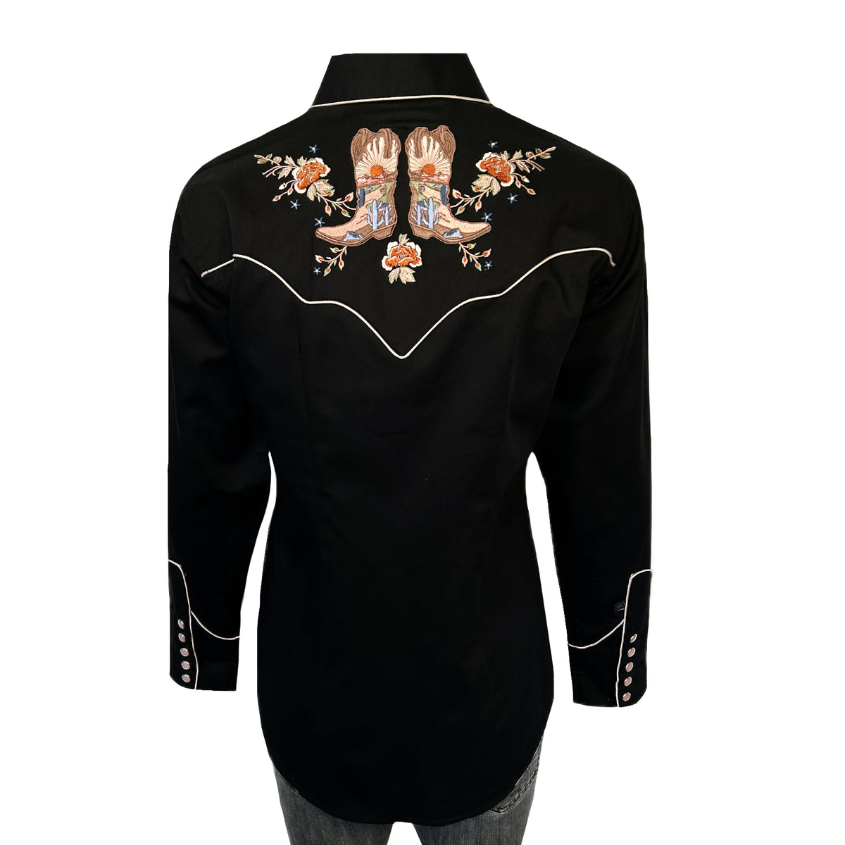 Women's Vintage Black Boots Embroidered Western Shirt