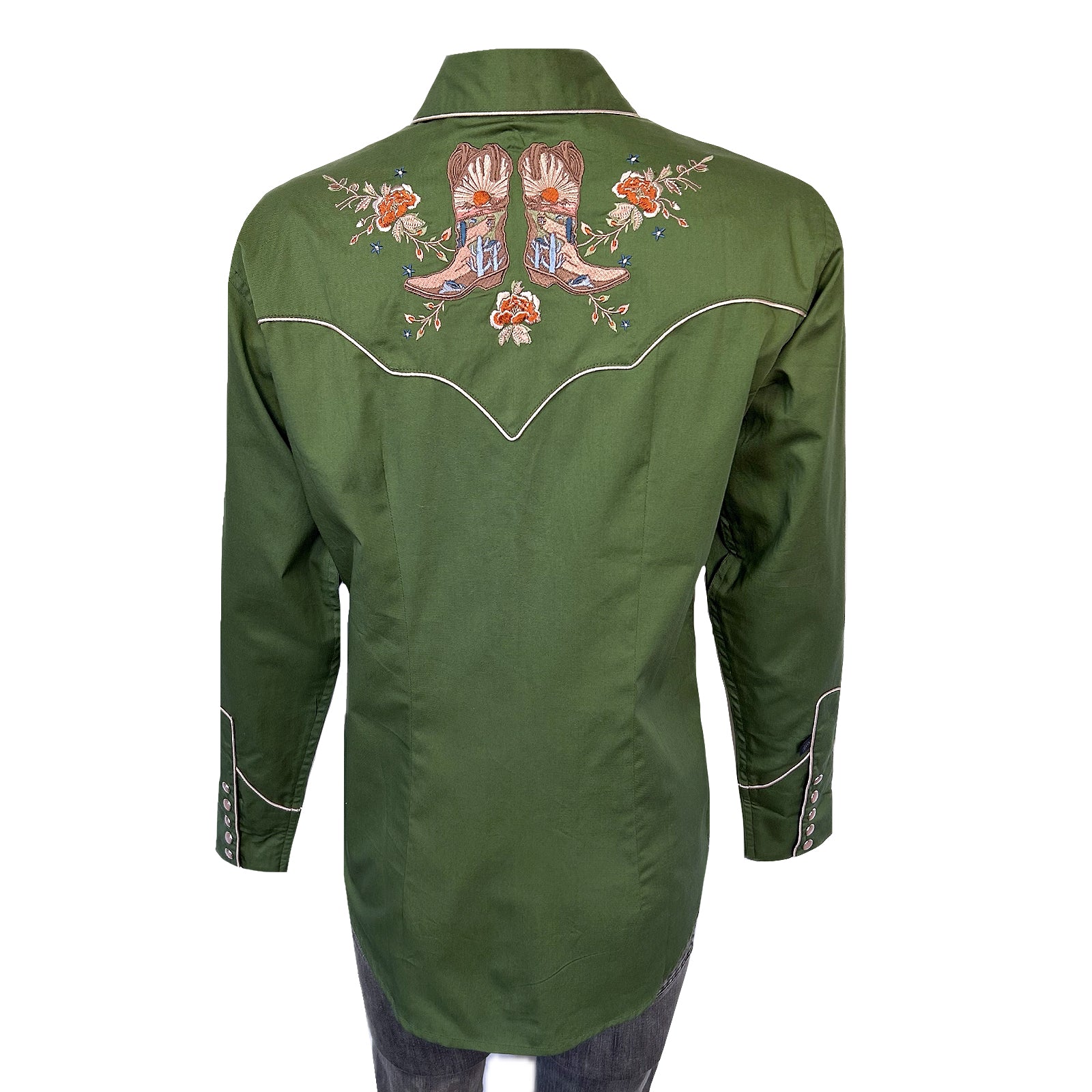 Women's Vintage Green Boots Embroidered Western Shirt