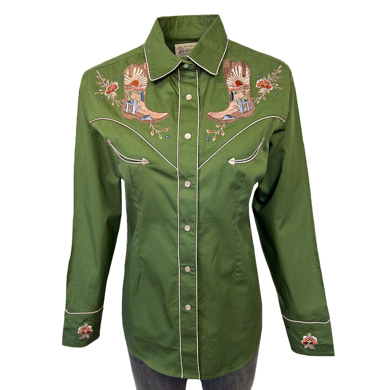 Men's Vintage Green Boot Embroidered Western Shirt