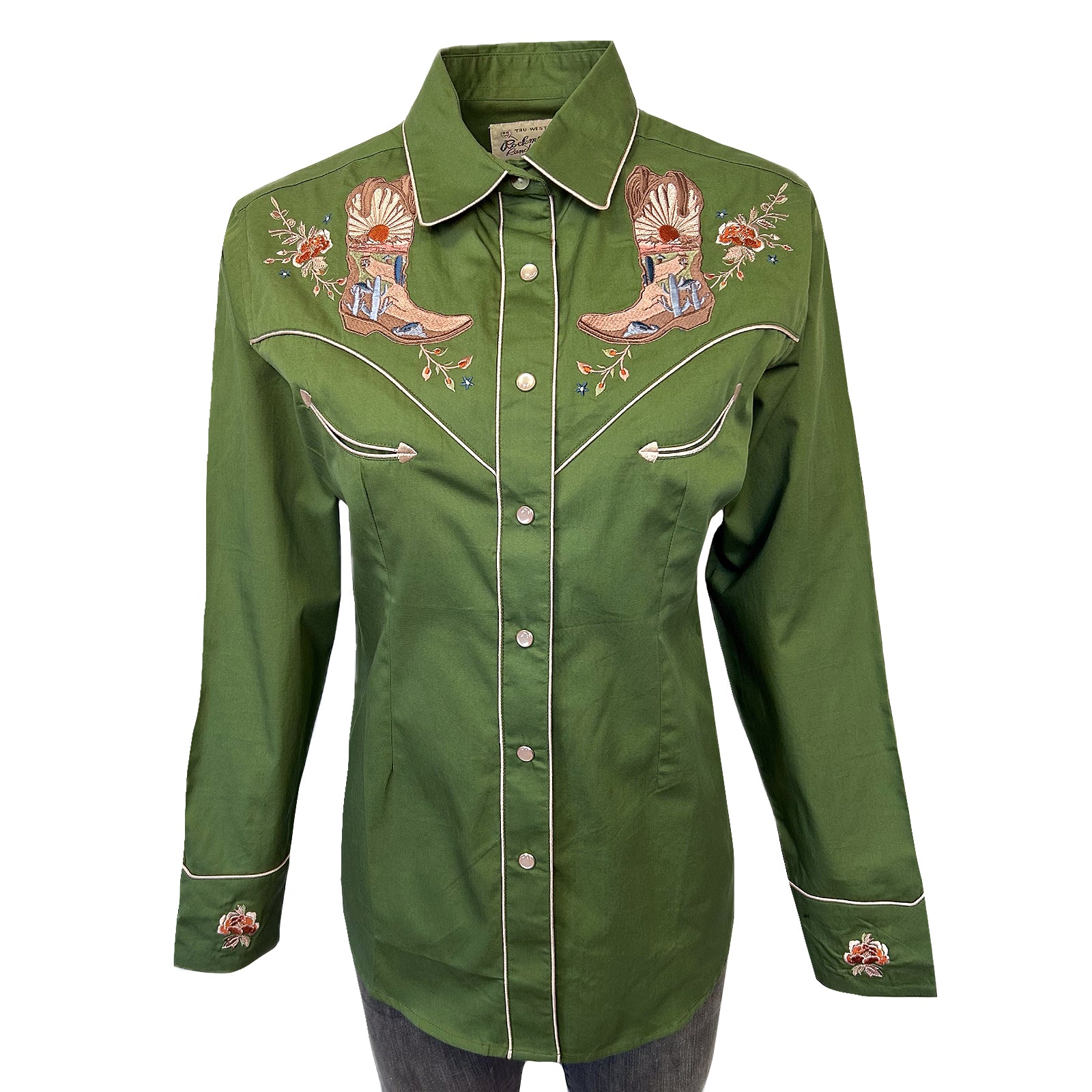 Kid's Vintage Green Boots Embroidered Western Shirt