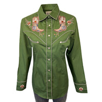 Women's Vintage Green Boots Embroidered Western Shirt