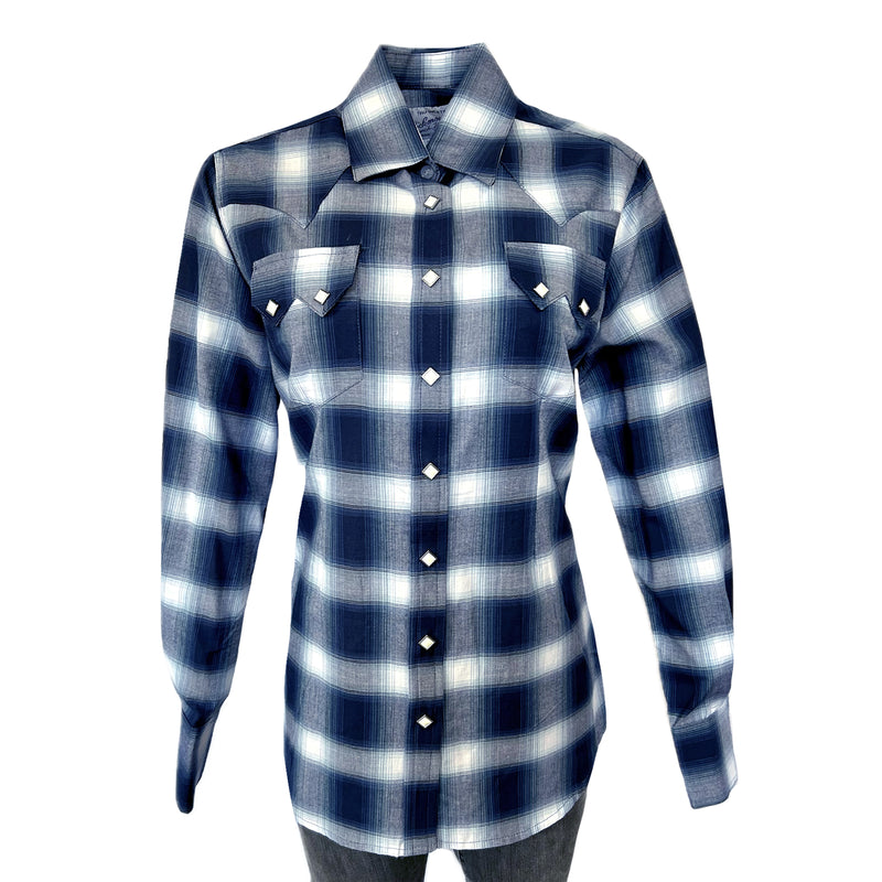 Women's Blue & White Shadow Plaid Sawtooth Western Shirt