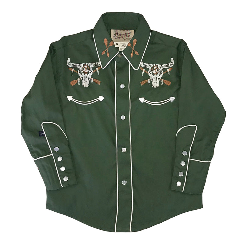 Kid's Vintage Green Steer Skull & Arrow Chain Stitch Embroidery Western Shirt