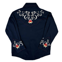 Kid's Art Deco Floral Embroidery Navy Western Shirt