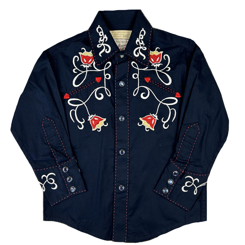 Kid's Art Deco Floral Embroidery Navy Western Shirt