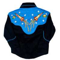 Kid's 2-Tone Space Cowboy Embroidered Western Shirt in Black & Turquoise