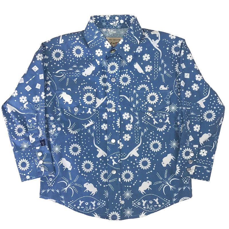 Kid's Blue Bison Bandana Print Western Shirt