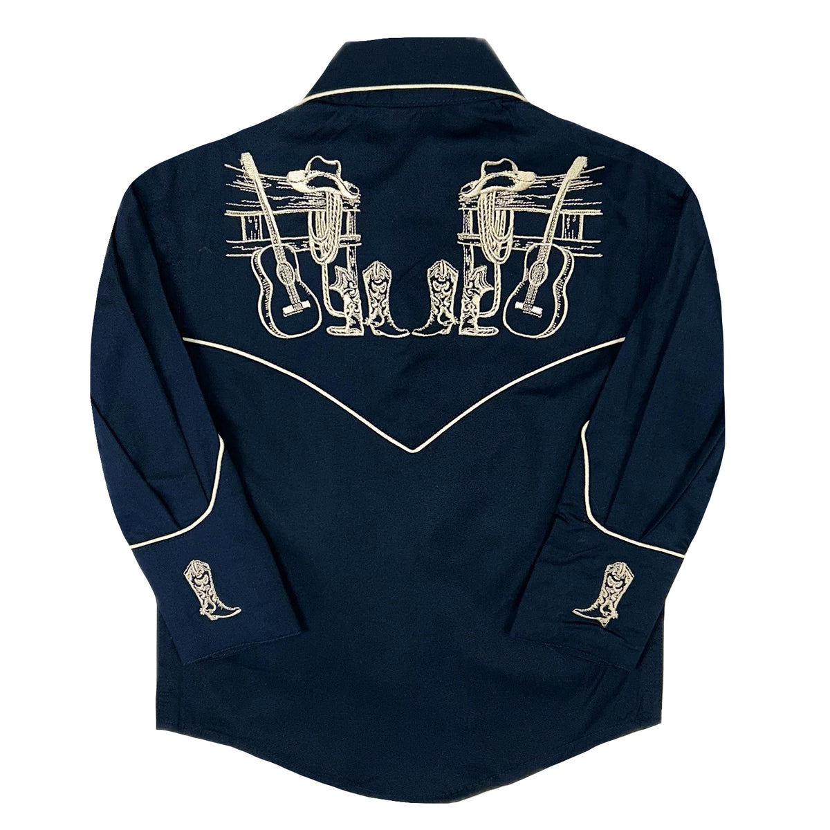 Kid's Vintage Navy Guitar Embroidered Western Shirt