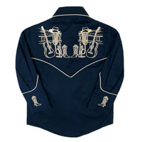 Kid's Vintage Navy Guitar Embroidered Western Shirt
