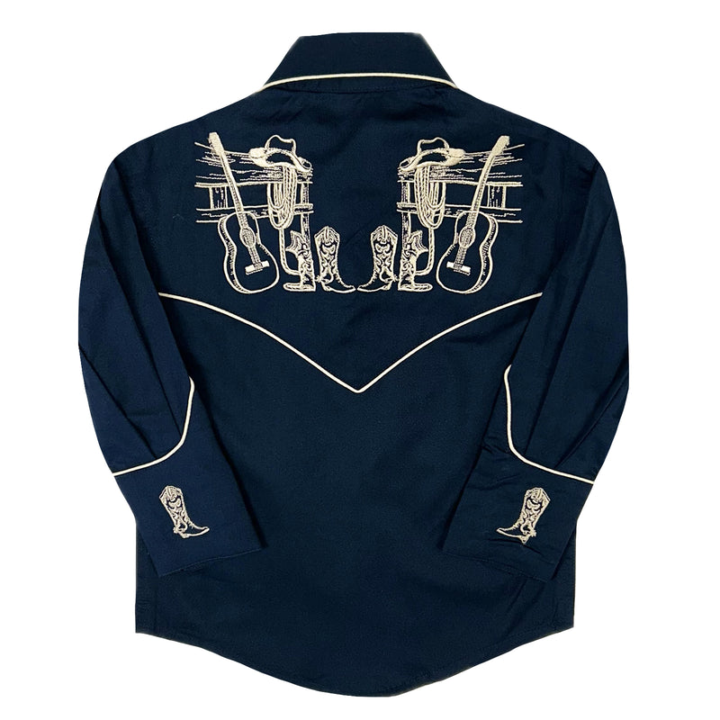 Kid's Vintage Navy Guitar Embroidered Western Shirt