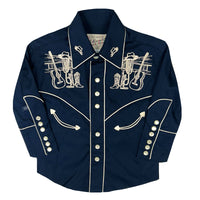 Kid's Vintage Navy Guitar Embroidered Western Shirt
