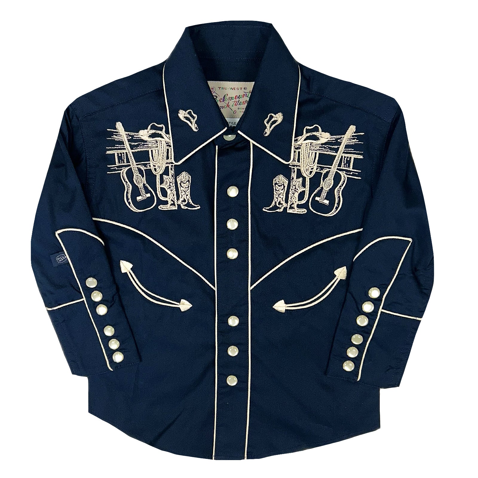 Kid's Vintage Navy Guitar Embroidered Western Shirt