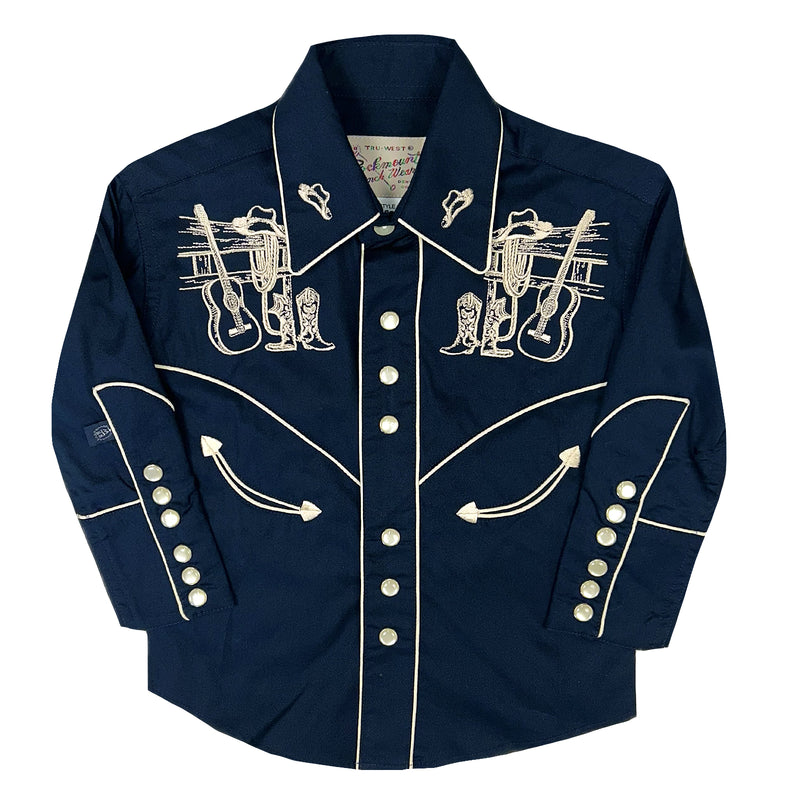 Kid's Vintage Navy Guitar Embroidered Western Shirt