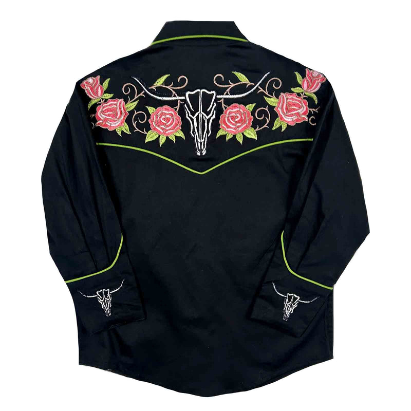 Kid's Embroidered Longhorn & Floral Western Shirt in Black