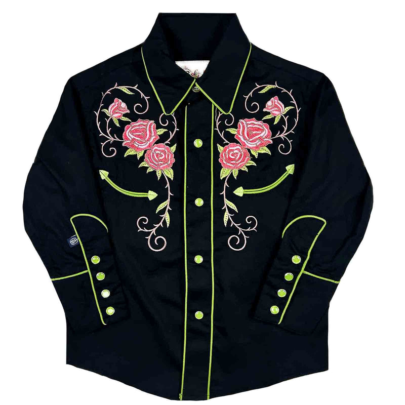 Kid's Black Longhorn & Floral Embroidered Western Shirt