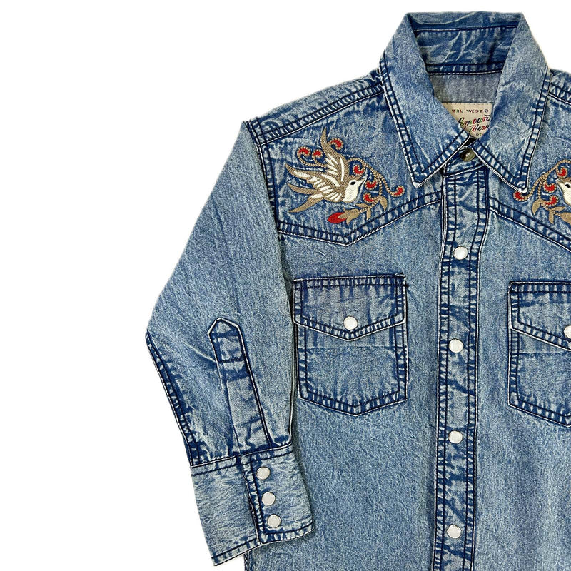 Kid's Flying Swallows Embroidered Denim Western Shirt