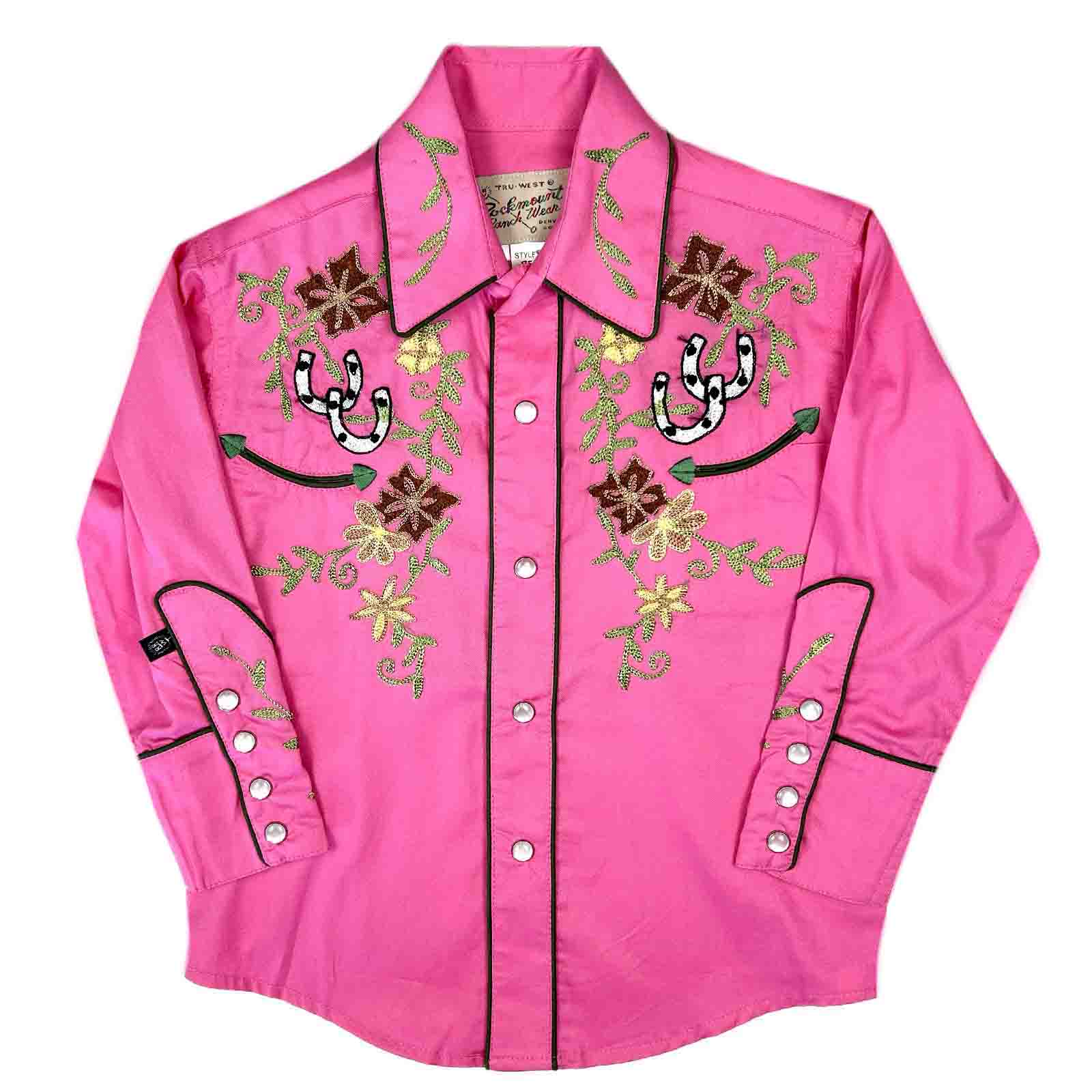 Kid's Embroidered Floral with Lucky Horseshoes Western Shirt in Pink