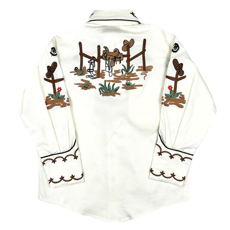 Kid's Ivory Cactus & Cowboy Boots Embroidered Western Shirt