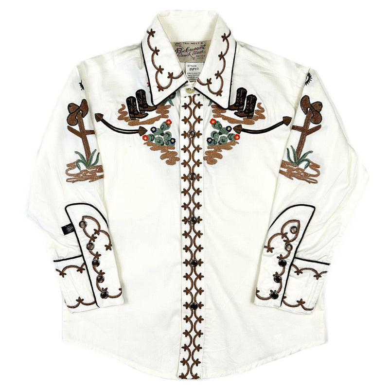 Kid's Ivory Cactus & Cowboy Boots Embroidered Western Shirt