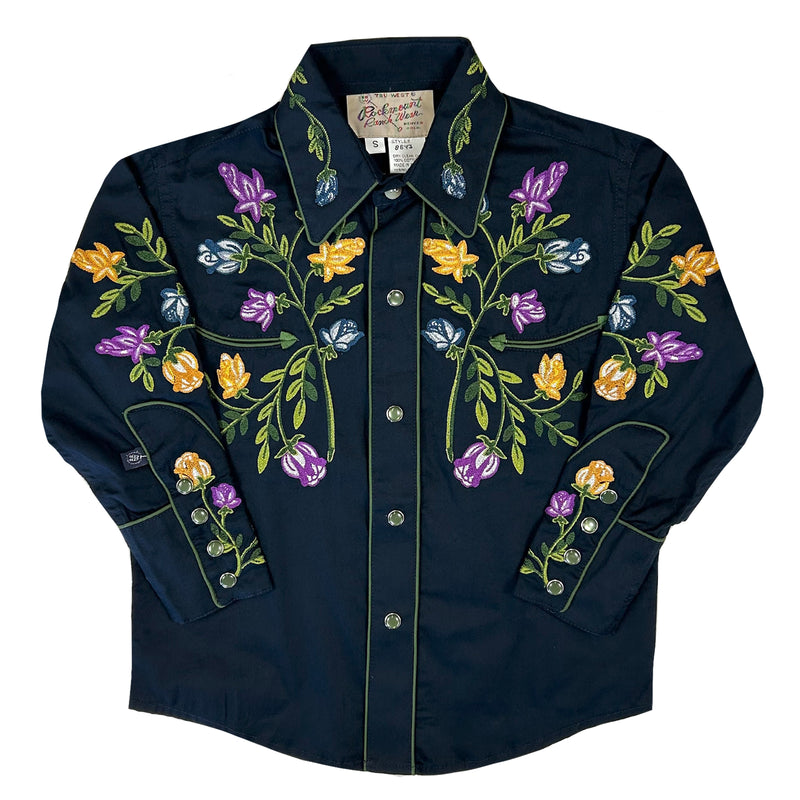 Kid's Vintage Navy Floral Crochet Embroidered Western Shirt