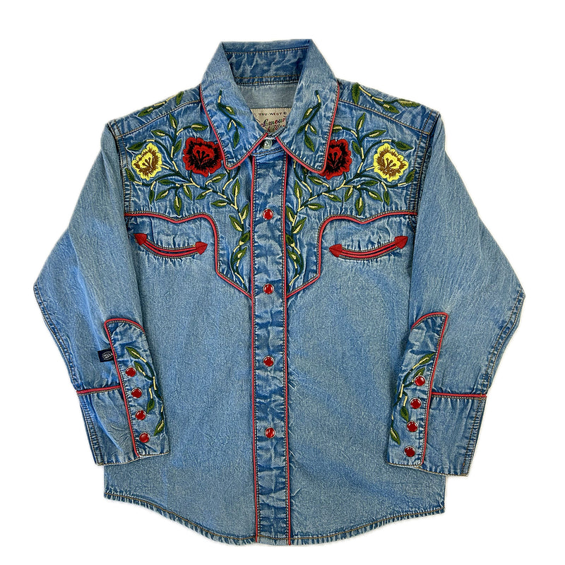 Kid's Vintage Floral Embroidery Denim Western Shirt