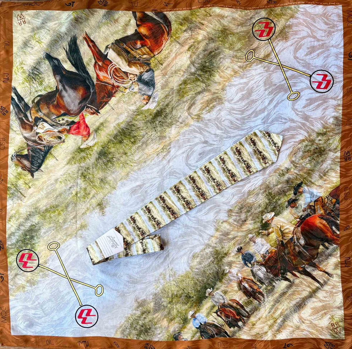 National Western 120th Silk Scarf by Rockmount Ranch Wear in vintage western wear with embroidered western figures