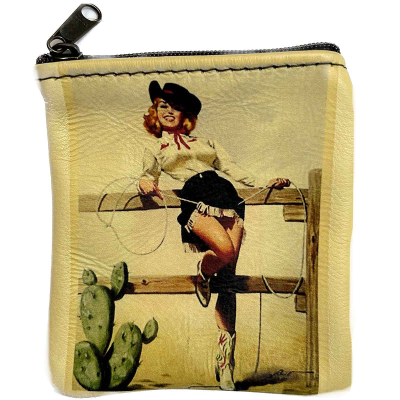 Pin-Up Cowgirl on Fence Leather Western Coin Purse