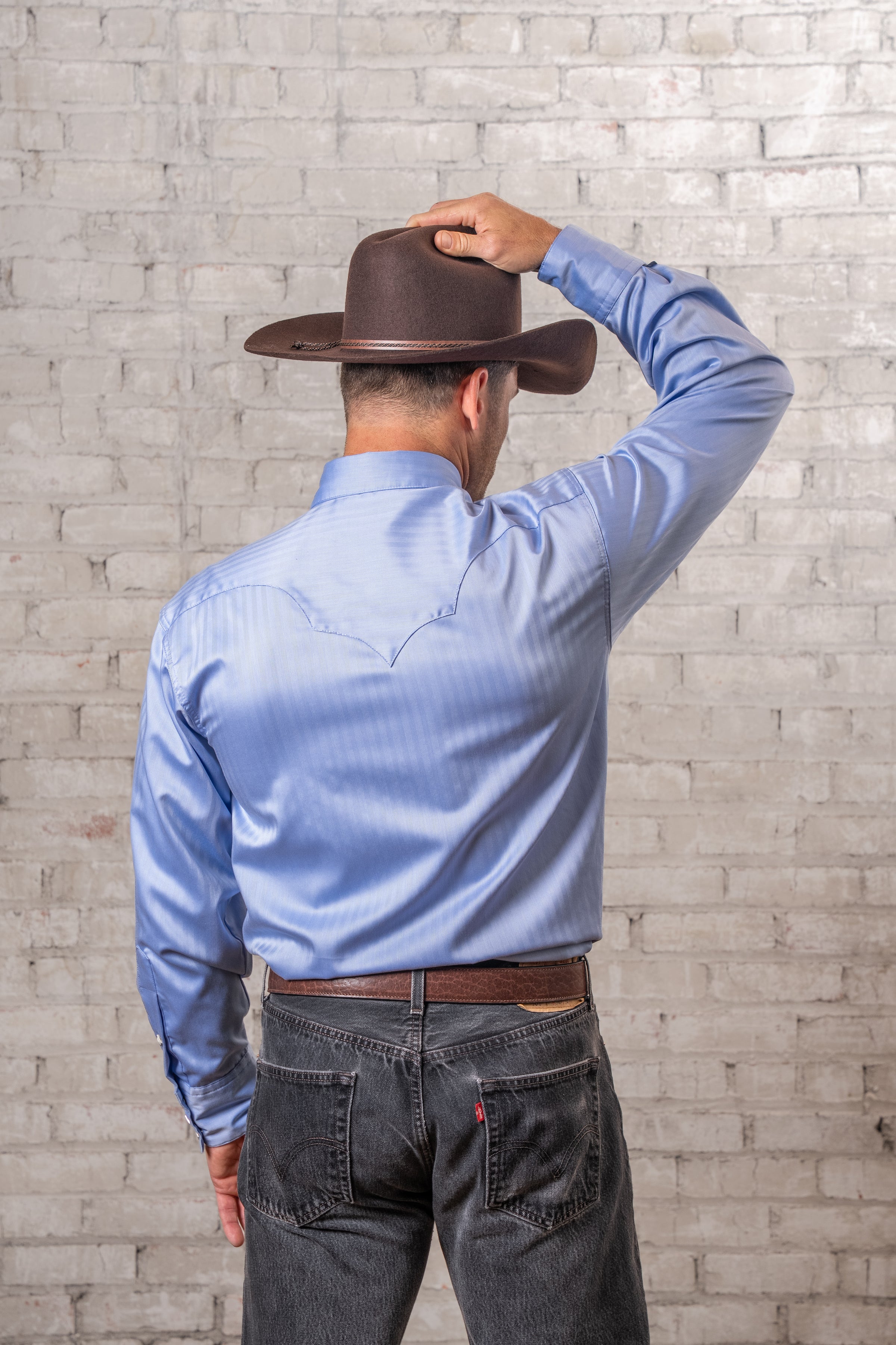 Men's Blue Pima Cotton Herringbone Western Shirt