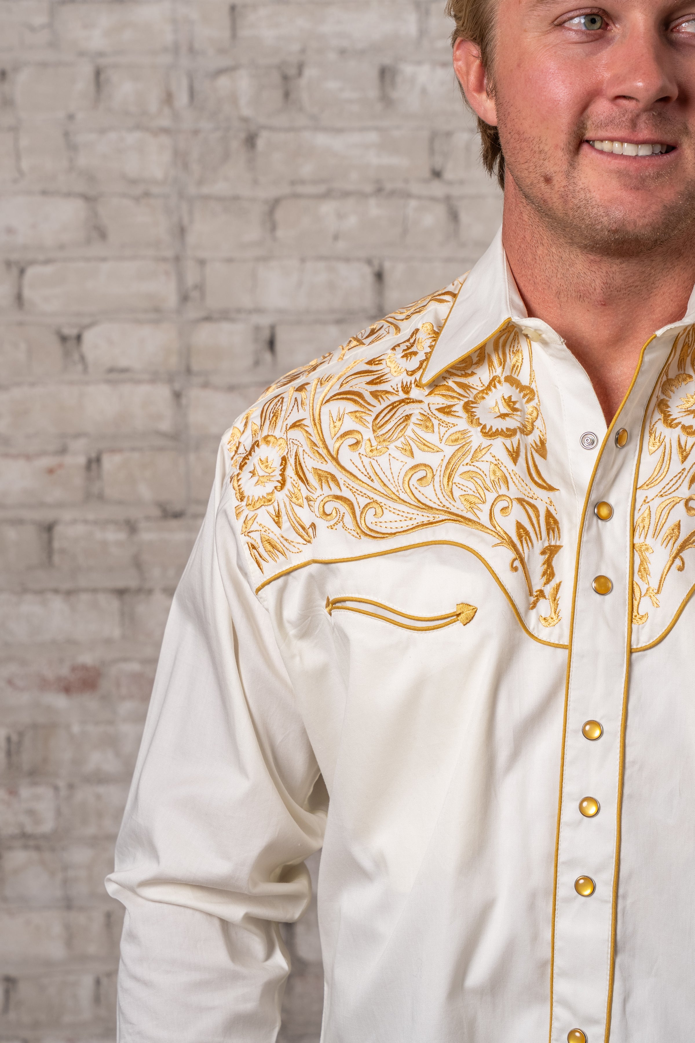gold button up dress shirt Rockmount Men's Vintage Ivory with Gold tooling Embroidery Shirt