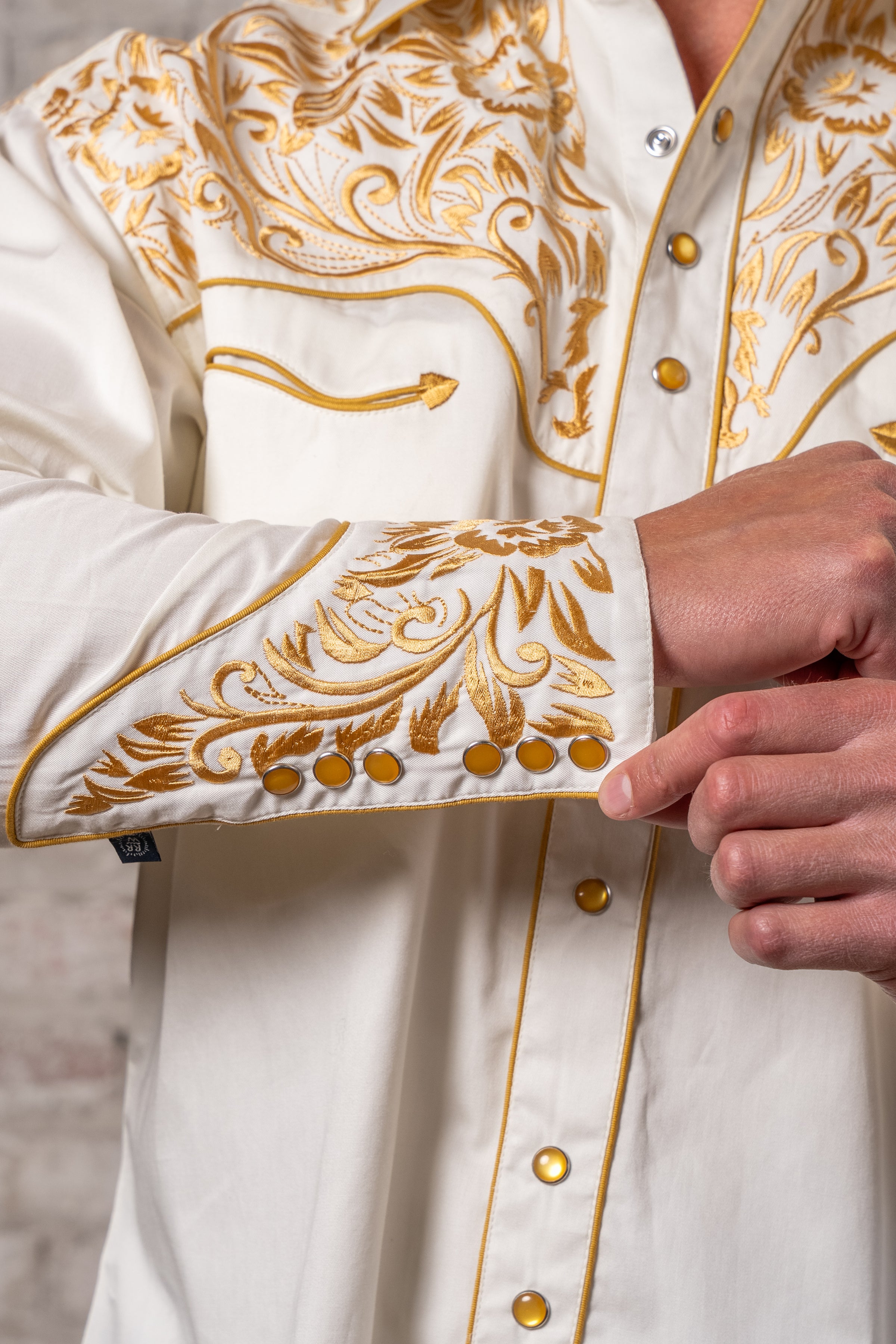 white and gold mens dress shirt Men's Vintage Ivory and Gold Tooling Embroidered Western Shirt