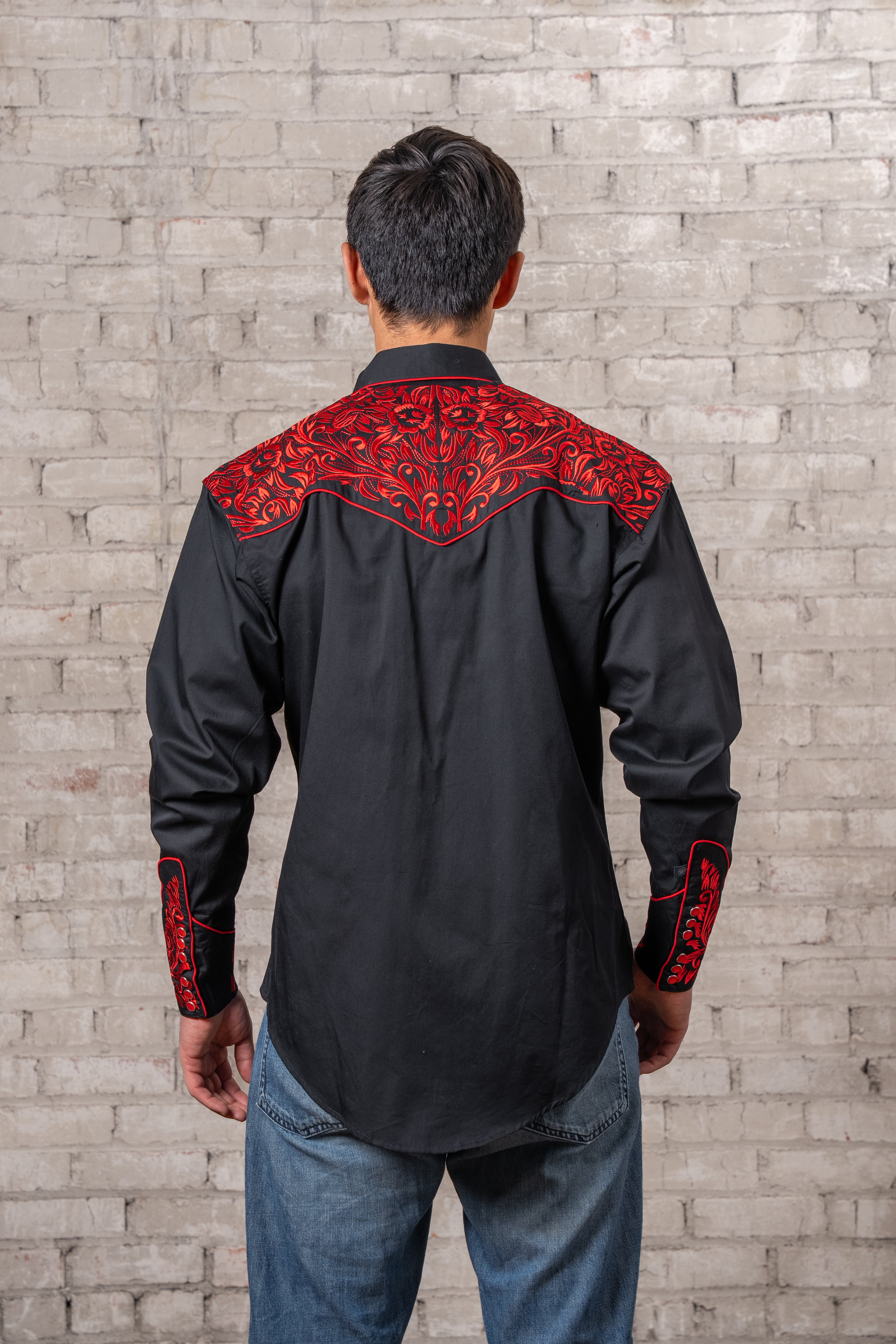 Rockmount Men's Vintage Tooling Black & Red Embroidered Western Shirt