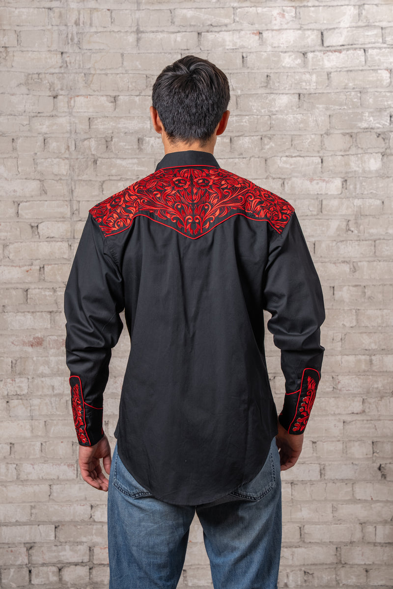 Men's Vintage Black & Red Tooling Embroidered Western Shirt
