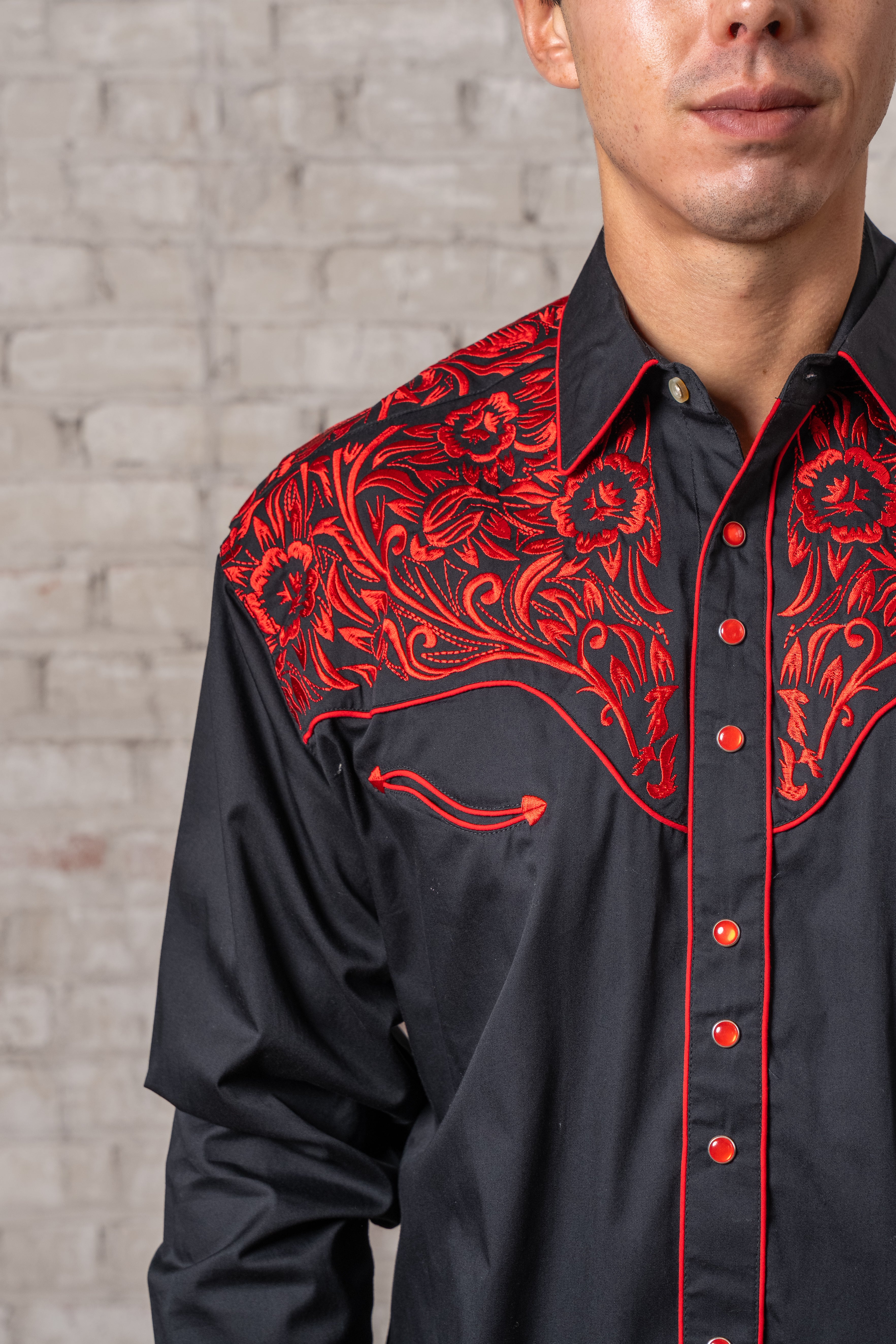 Rockmount Men's Vintage Tooling Black & Red Embroidered Western Shirt