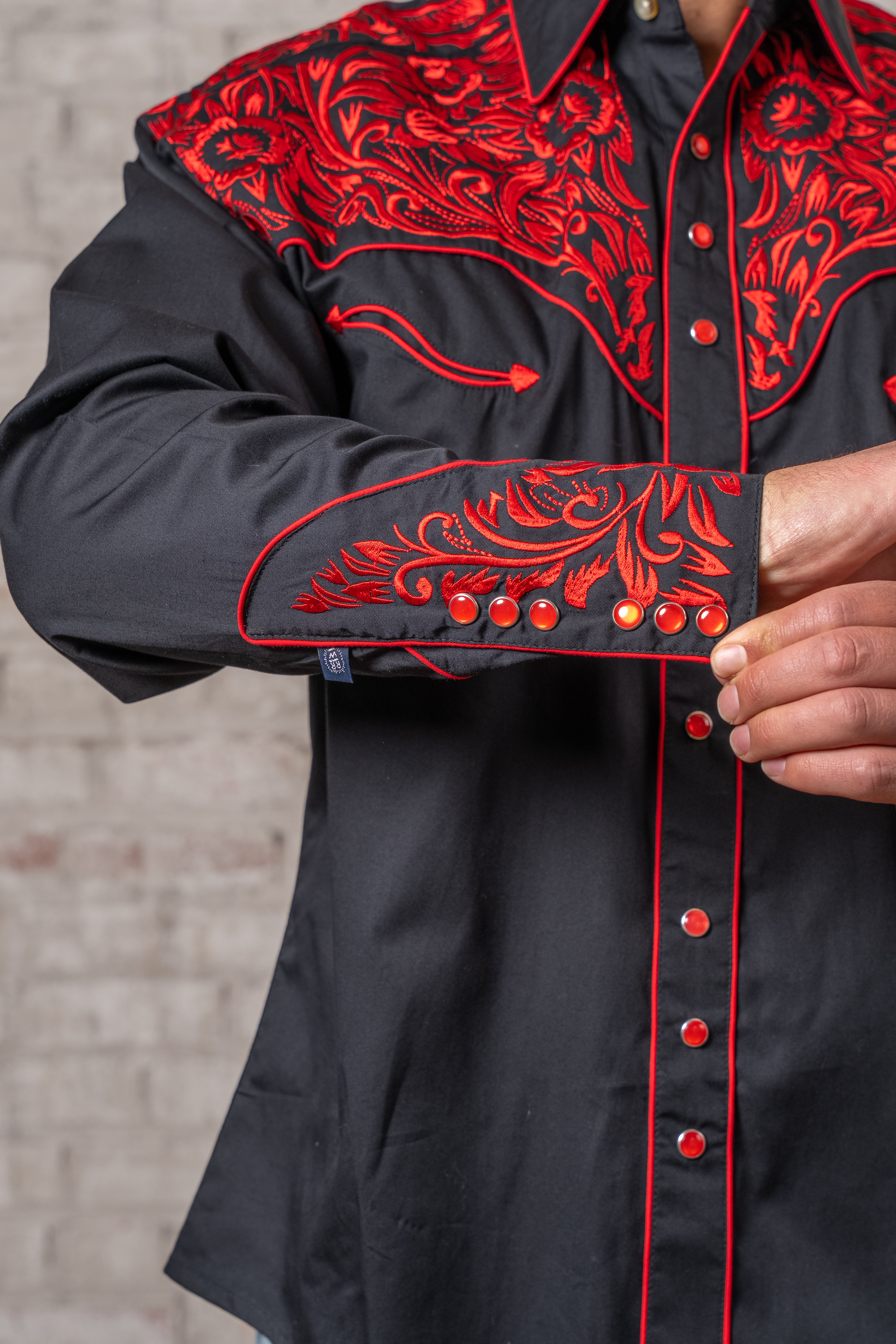 Rockmount Men's Vintage Tooling Black & Red Embroidered Western Shirt
