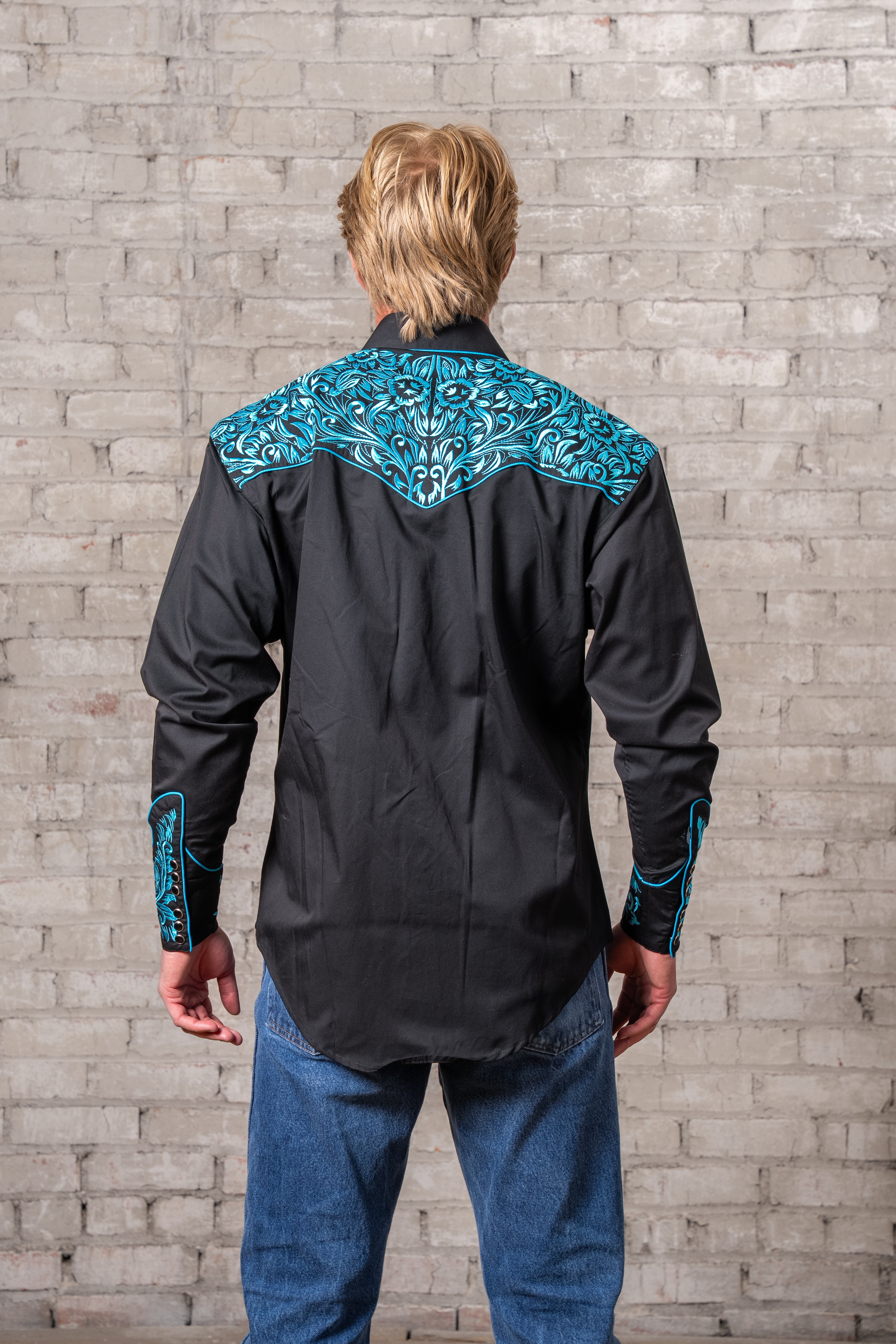 Rockmount Men's Floral Tooling Black & Turquoise Western Shirt