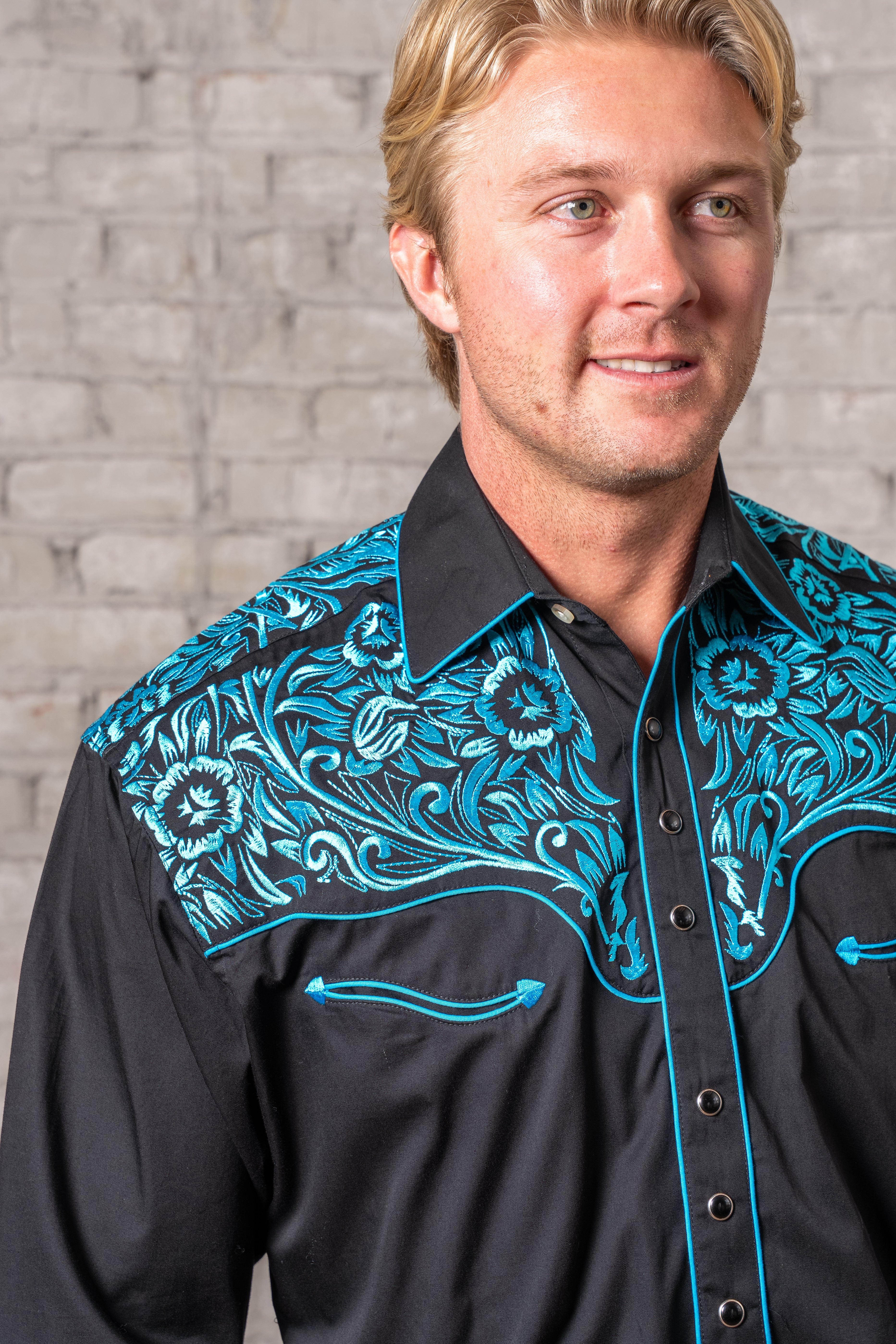 Rockmount Men's Floral Tooling Black & Turquoise Western Shirt