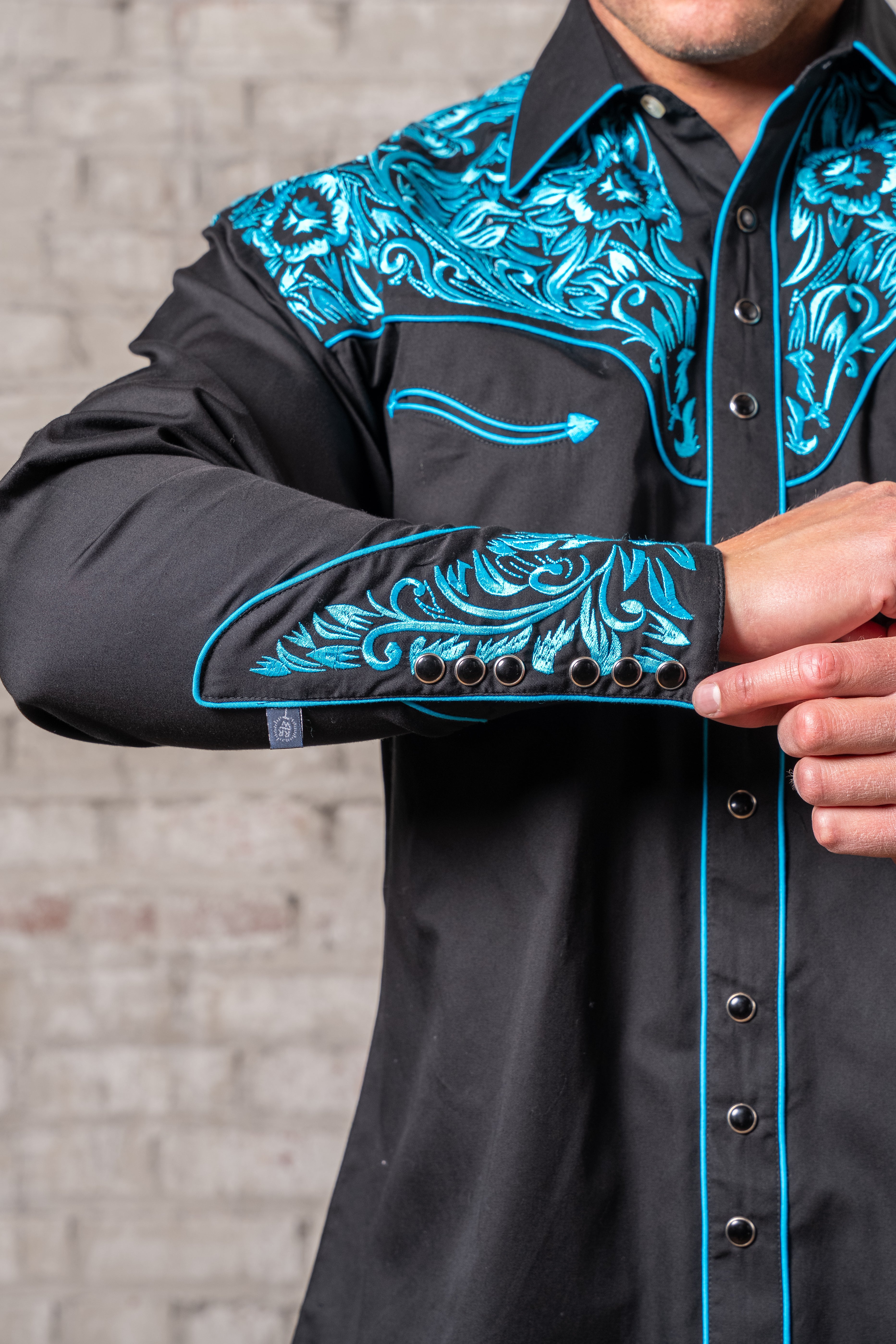 Rockmount Men's Floral Tooling Black & Turquoise Western Shirt
