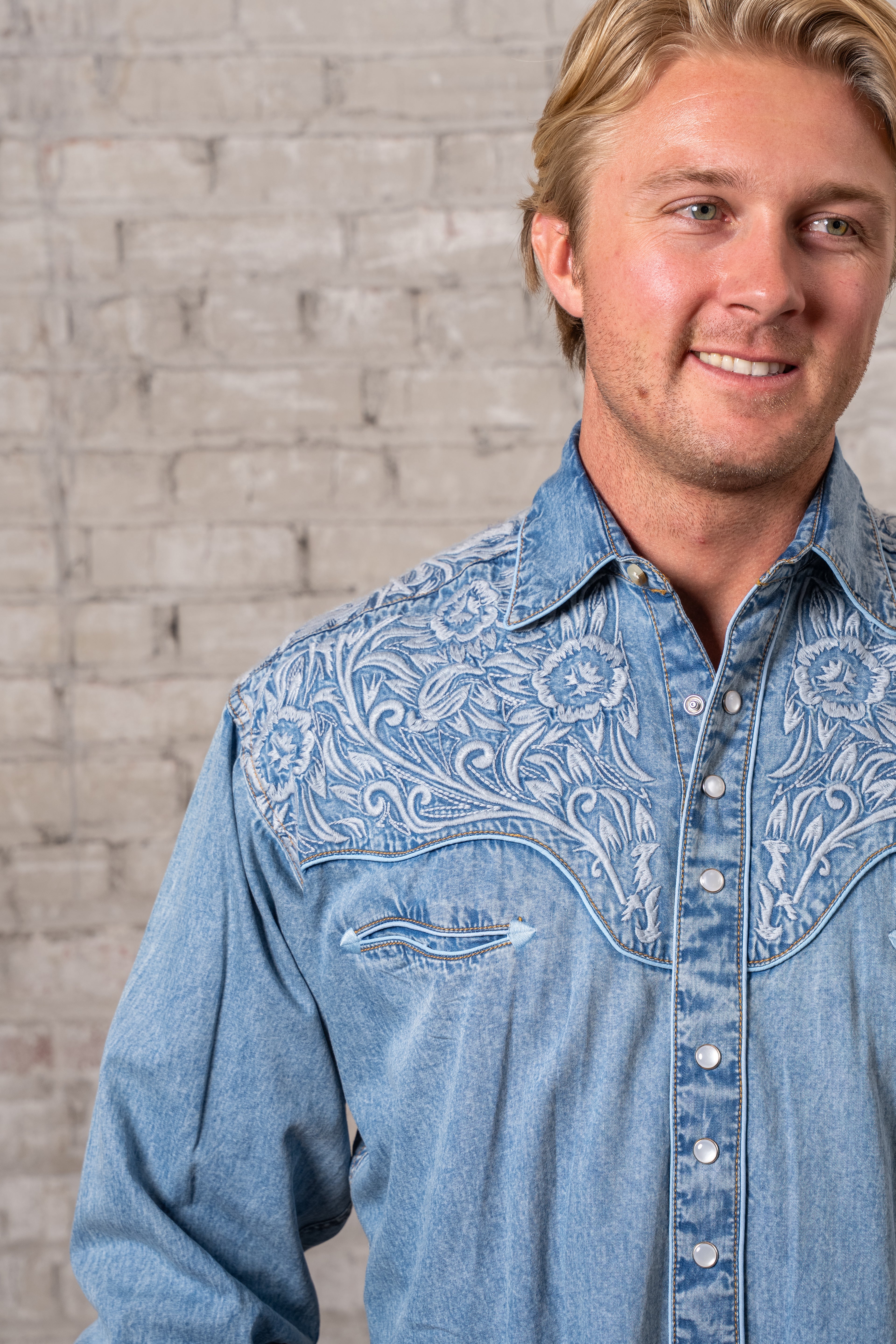 Rockmount Men's Floral Tooling Embroidered Denim Shirt