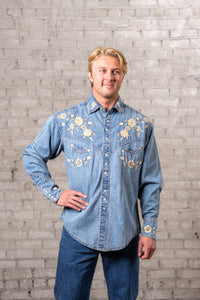 Men’s Denim with Tan Floral Embroidered Western Shirt