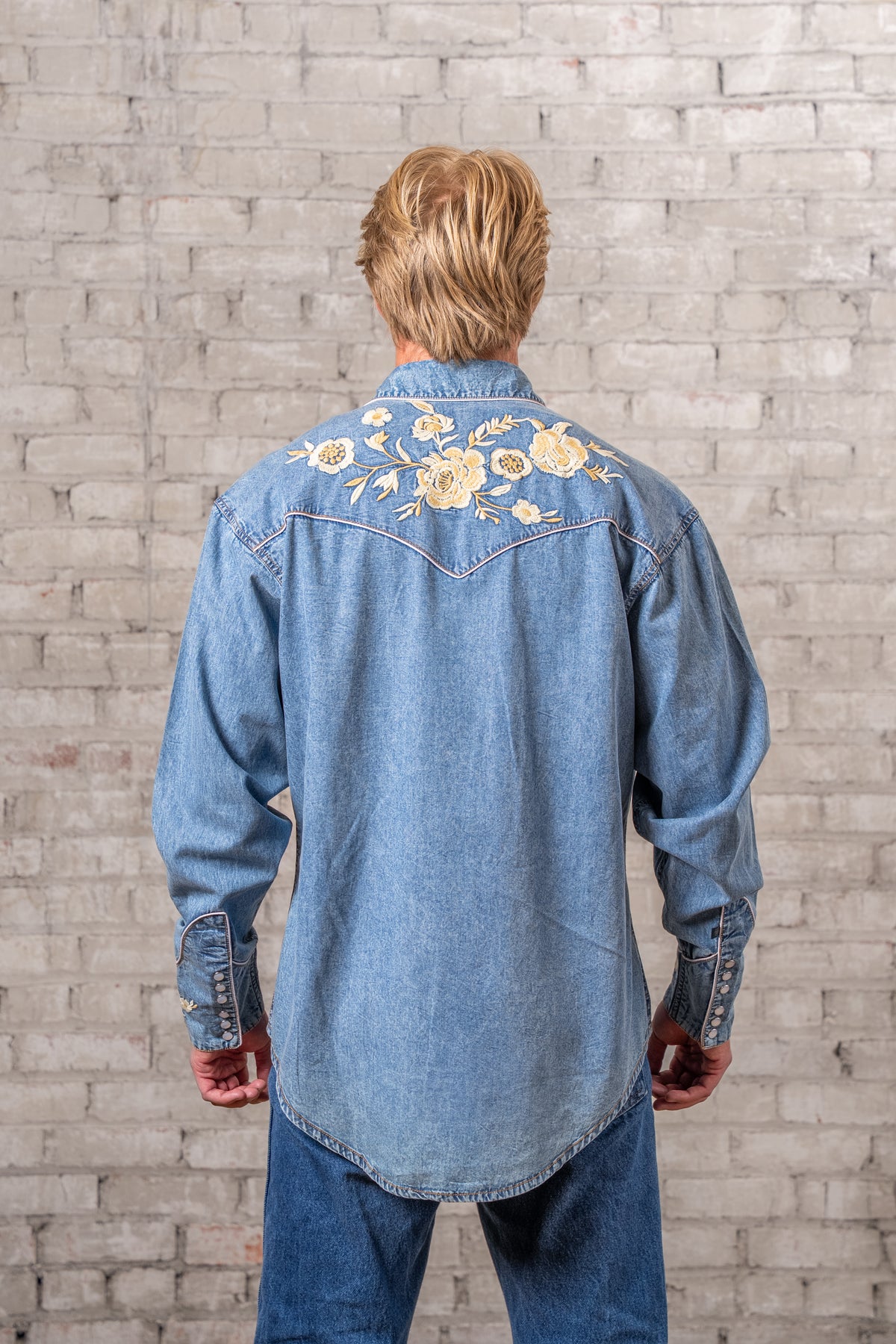 Men’s Denim with Tan Floral Embroidered Western Shirt
