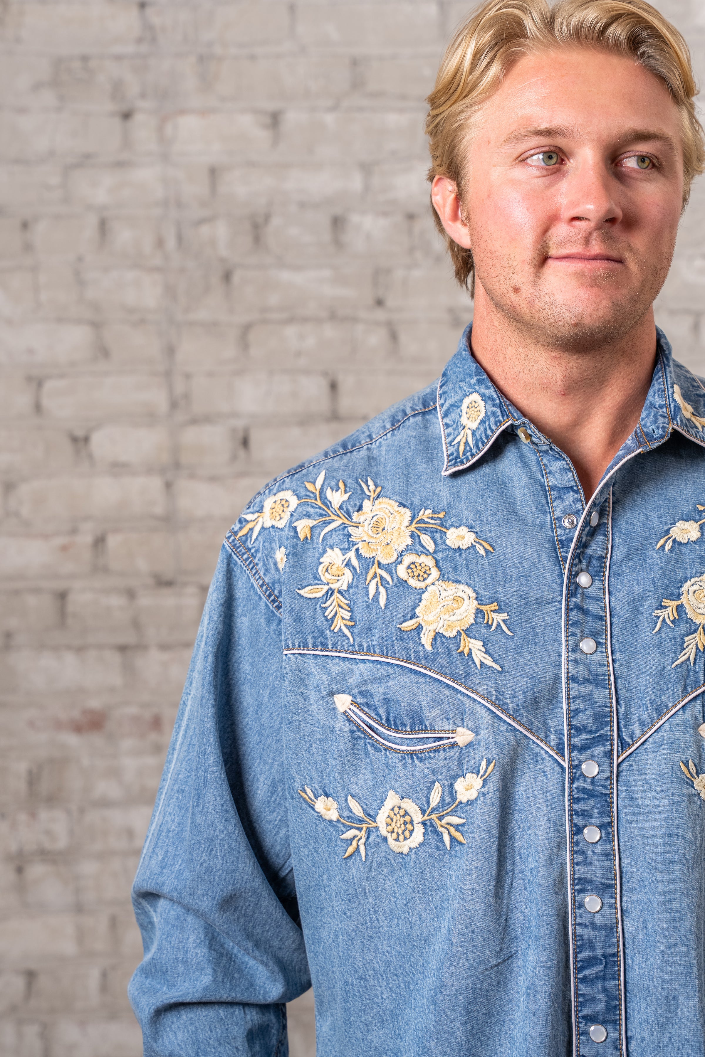 Men’s Denim with Tan Floral Embroidered Western Shirt